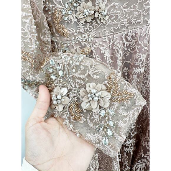 Mac Duggal 11121 Mocha Embellished Long Sleeve Illusion A-Line Gown Size 6 - Picture 7 of 10